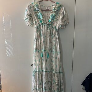 Embroidered V-Neck Boho Maxi Dress in Teal and White